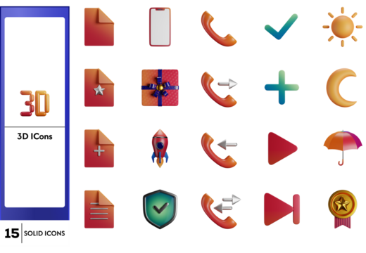 3D icon set featuring files, phone, sun, moon, tick, plus, umbrella, rocket, shield, and medal.