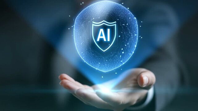 A futuristic hand holding a glowing AI shield symbolizing protection and innovation in technology