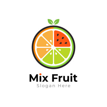 Colorful mixed fruit slice logo combining citrus and watermelon segments. Fresh, modern, minimal design ideal for juice brands, healthy food products, restaurants, and organic lifestyle marketing.