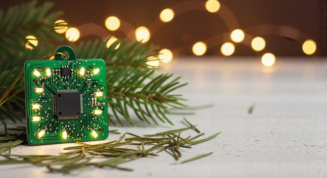 Board decoration with lights on green pine branches 