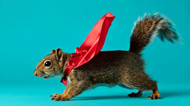 A playful squirrel wearing a red cape in mid-air.
