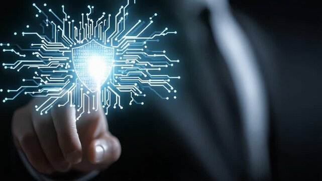 A business professional interacts with digital security technology, represented by a shield and circuit patterns