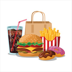 fast food combo with cheeseburger french fries and soda isolated vector illustration on white background