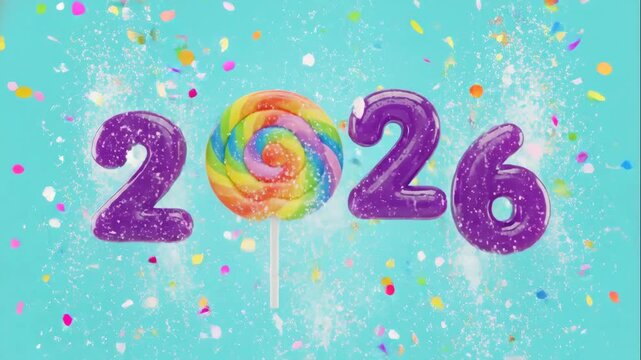 Animated lollipop numbers forming 2026 with confetti bursts on blue background. Festive new year celebration graphic. Candy-themed countdown sequence for upcoming year visualization. video footage