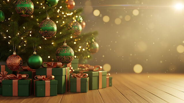 Christmas Tree with Gifts Festive Season's Delight with Ornaments and Presents on Wooden Floor