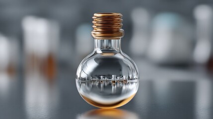 Conceptual image of a cityscape reflected within a glass bulb