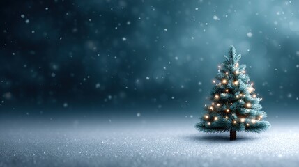 Christmas tree in a winter wonderland with falling snow and festive lights