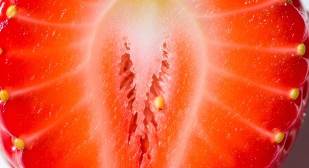 A close up view of a halved strawberry showing the seeds and the inner flesh of the fruit