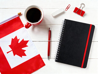 Celebrating Canada Flag Day with iconic symbols and a warm cup of coffee mockup