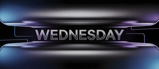 Futuristic Metallic Wednesday Typography on Glossy Purple and Blue Tech Background
