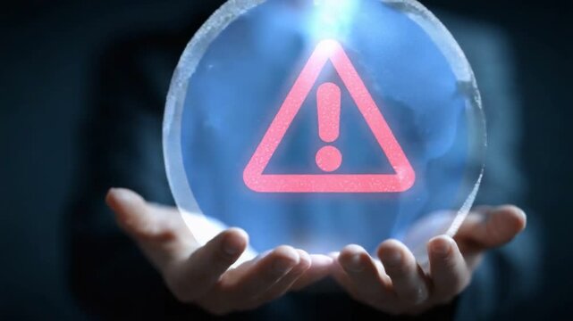 A person holds a glowing crystal ball with an exclamation mark symbol, symbolizing danger and alertness. The image evokes themes of foresight, warnings, and social awareness.