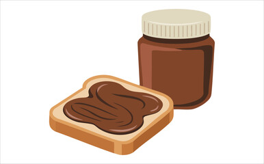 A can of chocolate paste and Delicious chocolate spread on fresh baked bread slice isolated vector illustration on white background