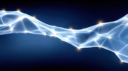 An abstract digital network with glowing nodes and lines, set against a dark blue background.