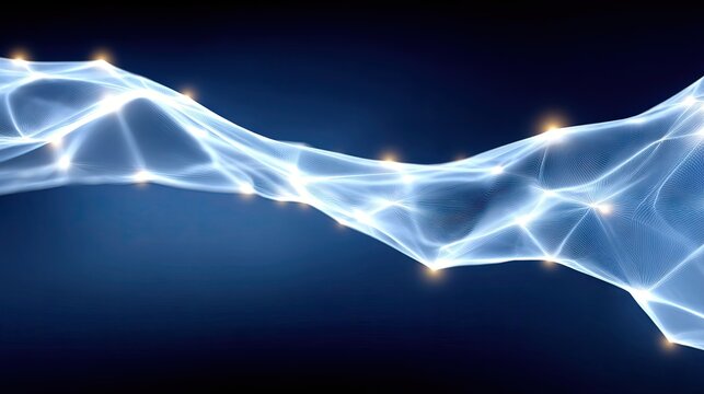 An abstract digital network with glowing nodes and lines, set against a dark blue background.