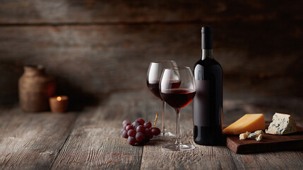 Elegant still life of red wine, cheese, and grapes on a rustic wooden surface. Perfect for food, drink, or lifestyle concepts with a touch of warmth.