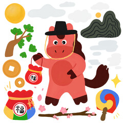 2026 새해 신년 붉은 말 과슈 핸드드로잉(2026 happy new year traditional red horse hand drawing) 