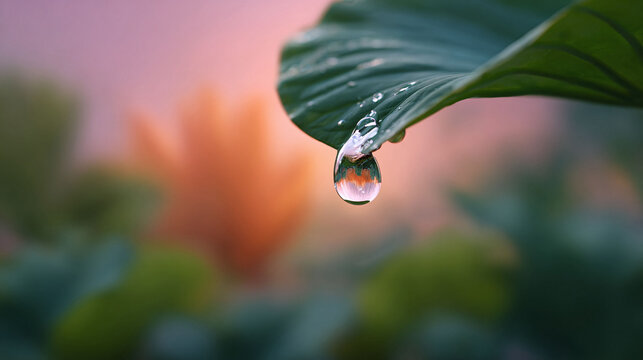 Macro shot of a water droplet clinging to a vibrant green leaf, reflecting a blurred nature scene. Evokes serenity, freshness, and environmental awareness. Use for wellness, nature, or zen concepts.