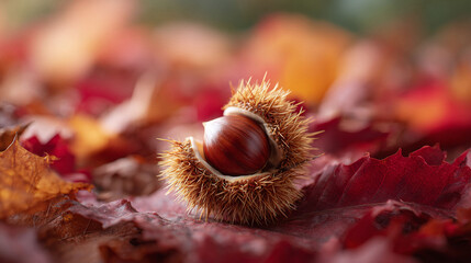 Autumnal still life featuring a glossy chestnut nestled in its spiky husk, resting on vibrant fallen leaves. Evokes warmth, natures bounty, and seasonal change.