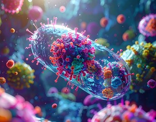 Microscopic view of virus particles with bright colors and detailed structures