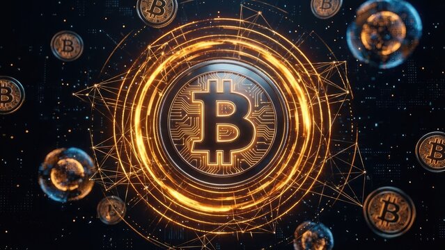 A digital rendering showcasing a central bitcoin symbol surrounded by glowing rings and coins