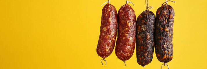Row of Glistening Hanging Salamis on Yellow Background