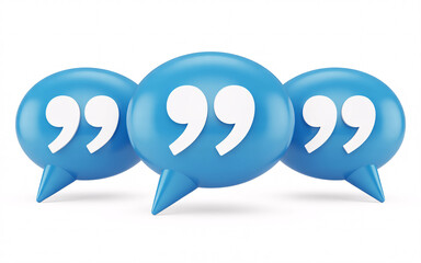 Three blue speech bubbles with white quotation marks on a white background in a studio shot