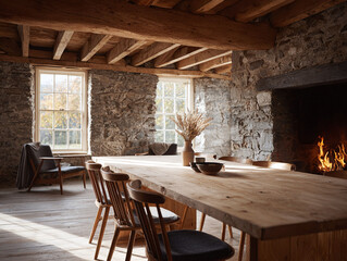 Naklejka premium Cozy rustic interior with stone walls, warm fireplace and natural light. Large wooden table invites gatherings. Use for home, lifestyle, or travel themes.