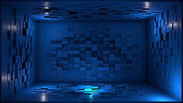 Blue Geometric Cube Room &ndash; Futuristic Digital Space