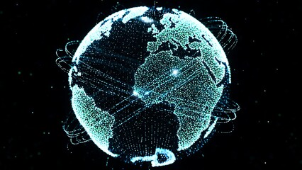 Abstract blue planet Earth globe illustration on a black background representing global business, technology, and internet concepts, Particle swarm forming a globe, representing global AI.
