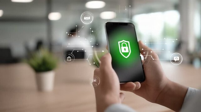 A person holding a smartphone with a green security shield icon, symbolizing digital safety and privacy. Ideal for themes related to cybersecurity and technology advancements.