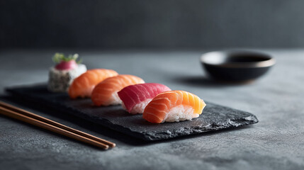 Elegant sushi selection on slate, subtly lit. Represents culinary art, healthy eating,  Asian cuisine. Ideal for menus, blogs, or foodrelated designs.