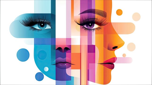 An artistic illustration of a woman's face, divided into sections with colorful lines and geometric shapes. The image features eyes, nose, and lips. - Powered by Adobe