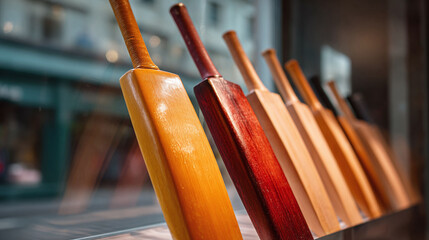 A row of polished wooden bats of different colors, symbolizing tradition, sport, and craftsmanship. Ideal for use in themes related to games, history, or skill.
