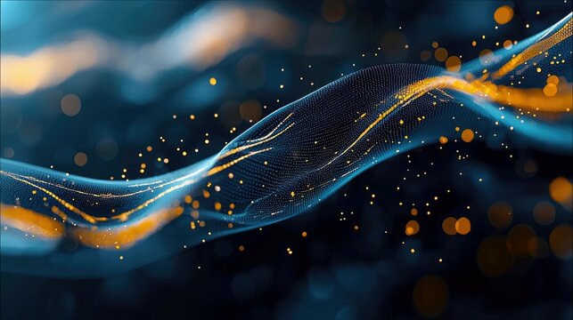 An abstract digital artwork featuring a flowing wave of interconnected dots and glowing particles against a dark background.