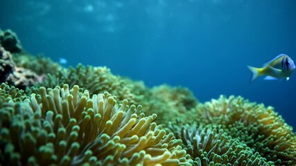 Underwater sea anemone with small fish swimming in blue ocean water marine life natural environment - Powered by Adobe