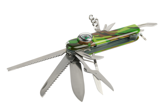 Swiss Army Knife with Compass Isolated on Transparent Background