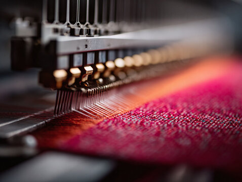 Closeup on a weaving machine creating colorful fabric. Illustrates precision, textile industry, and automation. Ideal for manufacturing, design, or technology content.