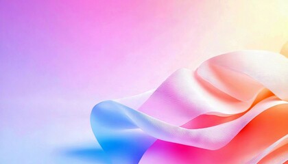 A flowing fabric with a gradient background, featuring a mix of colors like pink, blue, orange, and yellow. The fabric is swirled and textured, creating an arti