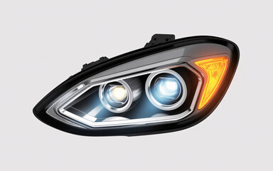 Close up of a modern car headlight assembly with bright white lights and orange turn signal