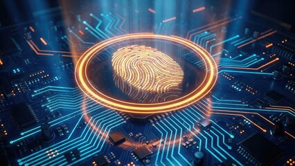 Glowing fingerprint over a circuit board with orange circle and blue light technology theme image