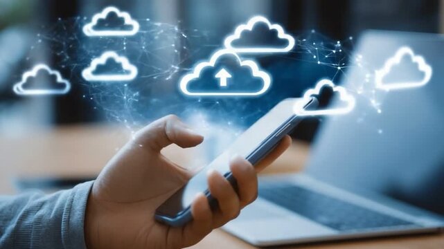 A close-up view of a person using a smartphone with digital cloud icons indicating data transfer. The modern workspace features a laptop, symbolizing connectivity and innovation.