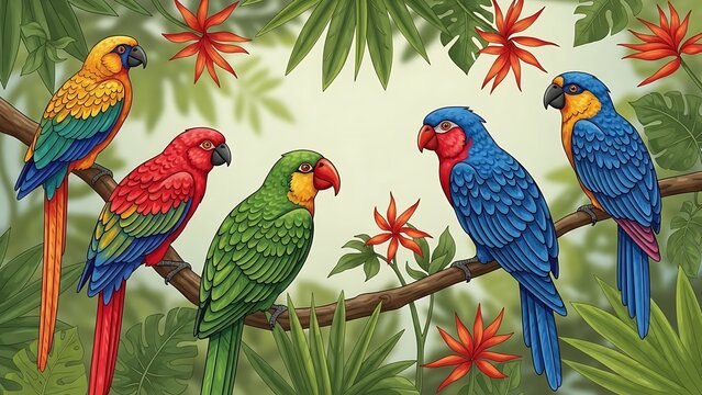 Two beautiful parrots perched on a branch in tropical forest, vibrant feathers, tropical wildlife, colorful illustration, detailed AI art.