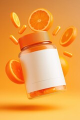 Vitamin Supplement Bottle with Orange and Capsules