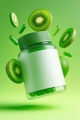 Vitamin Supplement Bottle with Kiwi Slices and Capsules