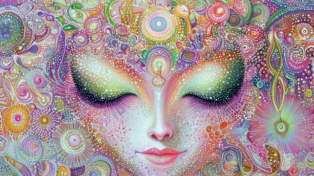 A close-up of a face with closed eyes, integrated into a vibrant, psychedelic design with swirling patterns and bright colors. - Powered by Adobe