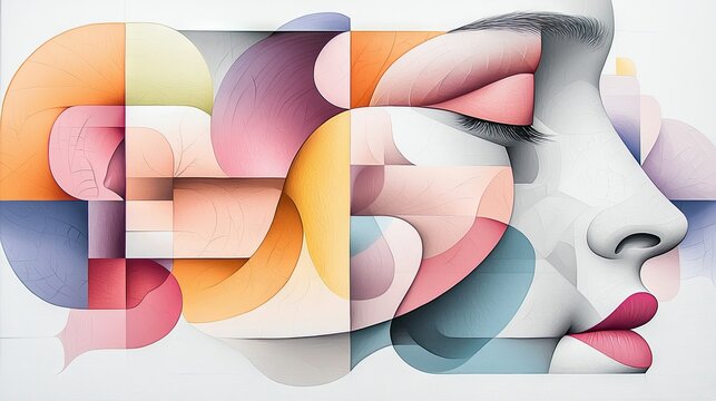 A stylized, abstract representation of a human face composed of geometric shapes and flowing lines in soft pastel colors. The artwork features a profile view wi