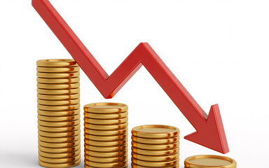 Stacks of coins with a red downward arrow indicating economic decline on a white background close up view