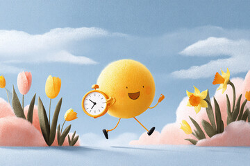 Joyful illustration featuring a sunny character carrying a clock in a springtime setting. Evokes themes of time management, happiness, and growth. Perfect for educational or motivational content.
