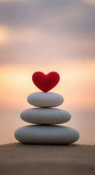 Zen Stones Stacked with Red Heart Atop Against Serene Sunset Beach Landscape Symbolizing Harmony and Peace for Mindfullness Concept