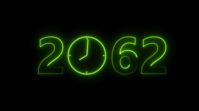 2062 digital text celebration and Calendar neon bright lime green color animation. Clock icon timer concept on black background.